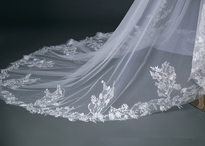 लुओक्सिन वेडिंग ब्राइडल घूंघट लंबी लेस एज फूल कंघी के साथ शानदार एप्लिक कैथेड्रल लंबाई - Product Image 3