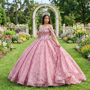 Vestido de Quinceañera Rosa de Gasa con Lentejuelas, Apliques de Encaje y Cuentas de Cristal para 15 Años, Modelo Dy9984 - Product Image 1
