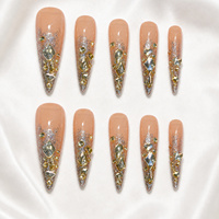 Lot de faux ongles longs à presser, forme Stiletto, gris, nude, rose, base argentée, avec pierres marquise dorées, pour nail art