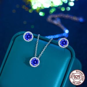 Collana pendente 925 in argento Sterling orecchini a bottone in pietra Tanzanite sintetica blu Set di gioielli da donna per gioielli di san valentino - Product Image 5