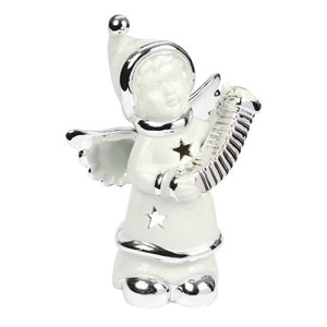 Figura de Ángel de Cerámica de 190 mm, Decoración Navideña Blanca con Detalles Plateados - Product Image 1