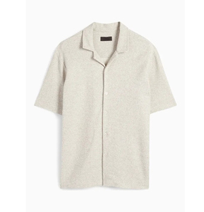 Chemise de camp en tricot éponge pour homme, manches courtes, mélange de lin et de coton, boutonnée, haut en éponge, crème - Product Image 1