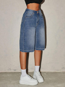 Shorts en <span class=keywords><strong>jean</strong></span> vintage coupe droite mi-longue décontractée pour <span class=keywords><strong>femme</strong></span>, style délavé moyen, idéal pour l'été - Product Image 3