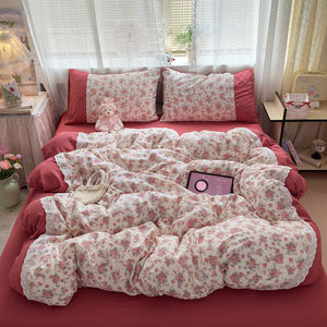 Design floral dentelle creuse douce 4 pièces housse de <span class=keywords><strong>couette</strong></span> ensemble <span class=keywords><strong>nuage</strong></span> sentiment Double couche fil lavé microfibre drap de lit ensemble de literie - Product Image 4