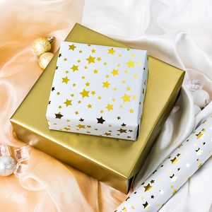 Gold Foil Star Wrapping Paper 17 In X 32.8 Ft Reversible Metallized Gift <b>Wrap</b> For Birthday Valentine Mothers Day - Product Image 3