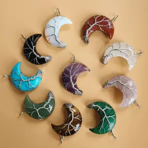 Life Tree liontin berbentuk bulan bulan bulan perak bungkus kawat batu permata alami penyembuhan kristal wanita kalung 6 pembeli