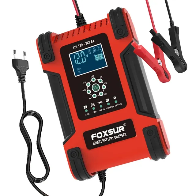 12V 12A-24V 6A 7-stage Lead-acid AGM Smart Battery Charger for Motorcycle & Car with LCD Display OTP Protection