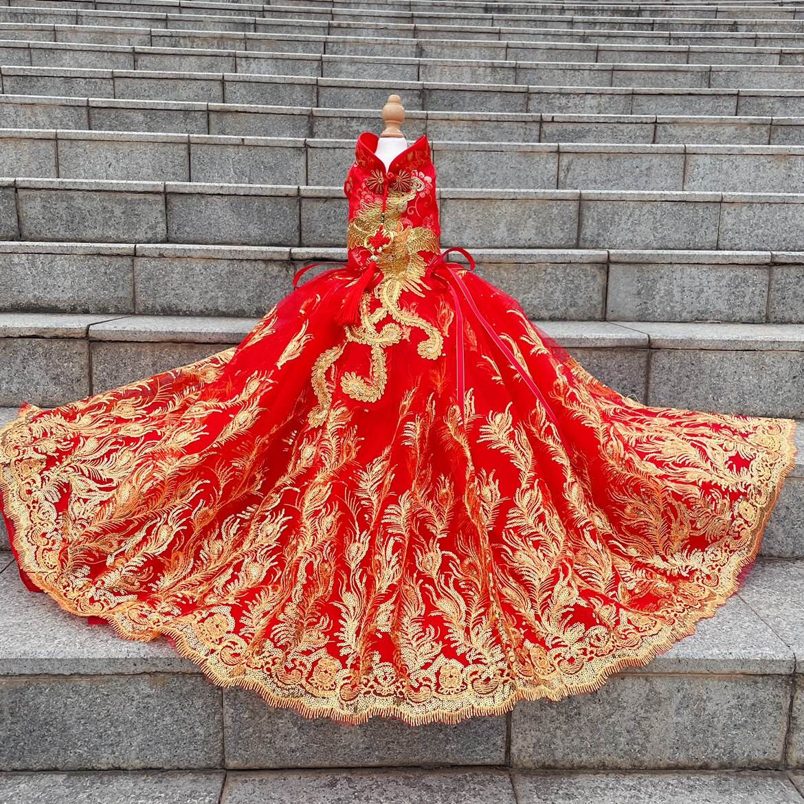 red Dragon and Phoenix Auspicious Phoenix Train Dress