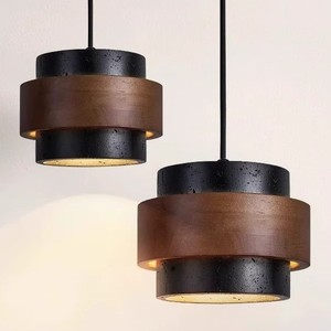 Modern Small Adjustable Height E27 Travertine Lamp Shade Pendant Lamp Wood Travertine <strong>Light</strong> Black Finish for <strong>Dining</strong> <strong>Light</strong> - Product Image 2