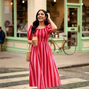 <b>Pink</b> Striped Cotton Midi Dress With Puff Sleeves Square Neck For Women Featuring Lightweight Fabric Modern Style Comfortable Fit - Product Image 1