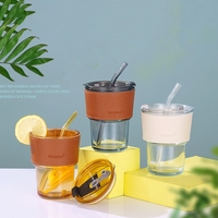 Tasse à café en verre ambré gris de luxe de 450ml 15oz Design créatif avec couvercle en cuir Portable paille Premium Drinkware
