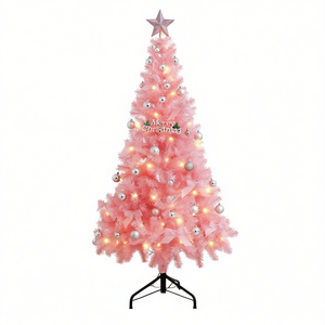 Sapin de Noël artificiel 6FT 7FT avec lumières LED blanc chaud 300 ampoules, support métallique, arbre décoratif rose pour intérieur - Product Image 1