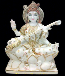 Estatua Religiosa de la Diosa Saraswati en Mármol Blanco de Makrana con Loto y Veena, para Uso en el Hogar/Oficina, Figura de Piedra India Duradera - Product Image 1