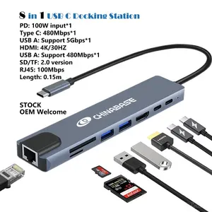 8 في 1 USB نوع C مهايئ توزيع مع 4K HDMI 100W PD USB C ميناء USB 3.0 RJ45 إيثرنت SD/TF محطة الإرساء قارئ بطاقات