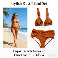 Maillot de bain bikini string taille haute pour femme, col en V, boucle métallique, ensemble deux pièces, pour l'été, la plage, les fêtes, vente en gros, OEM, ODM, logo personnalisé