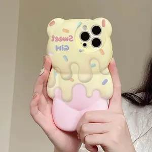 3D Cute Ice Cream Melting Bear Phone Case For iPhone 14 13 Pro Max 13 12 11 Pro X XR XS Max Silicone Protective Shockproof Cover