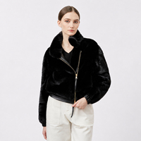 Blouson Bomber Streetwear Noir Jet en Vison pour Femme, Court, Simple Boutonnage, Hiver, Coupe-Vent, Écologique, Décontracté, Style Moto, avec Bordure en Fourrure et Cuir, en Polyester