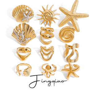 Yueli Ocean Series <b>Ring</b> <b>Set</b> <b>Gold</b> Starfish Shell Octopus Geometric Shape Women's Fashion Jewelry Gift - Product Image 1