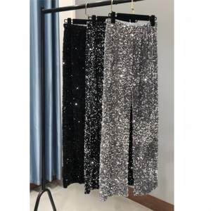 H-391 Pantaloni Lunghi Casual da Donna in Velluto con Paillettes Traspiranti a Vita Alta, Vestibilità Ampia, per Feste e Spettacoli, Autunno Inverno, Gamba Larga Lucida - Product Image 2