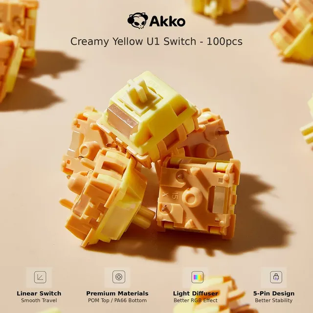 Akko Creamy Yellow U1 Linear Switch Factory-rubed Smooth 5 Pins Hot-swappable MX Switches Mechanical Keyboard Accessories 100pcs