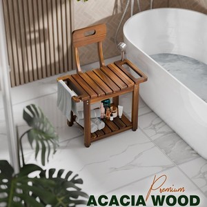 Tabouret de salle de bain en teck, étagère double en bois massif avec dossier, chaise de douche - Product Image 2