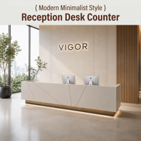 Bureau d'accueil de style minimaliste moderne et luxueux avec logo lumineux, idéal pour les services de conception dans les halls d'entreprise