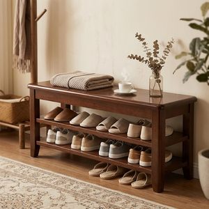 Solid Wood <b>Shoe</b> Bench Double Layer <b>Storage</b> With Hidden Compartment For Entryway And Living Room - Product Image 2