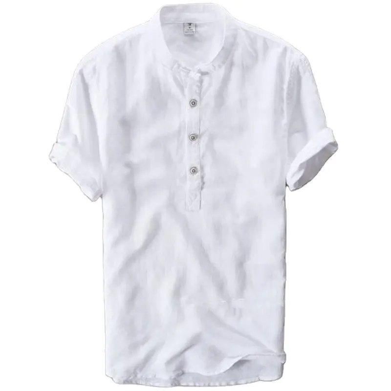 TONGYANG Men Casual Cotton Linen Shirts Autumn Brand Short Sleeve Shirt Mandarin Collar Solid Color Retro Shirt Tees