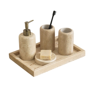 Ensemble d'accessoires <span class=keywords><strong>de</strong></span> salle <span class=keywords><strong>de</strong></span> bain <span class=keywords><strong>en</strong></span> marbre travertin NANWEI - 5 pièces - <span class=keywords><strong>Distributeur</strong></span> <span class=keywords><strong>de</strong></span> <span class=keywords><strong>savon</strong></span> <span class=keywords><strong>en</strong></span> <span class=keywords><strong>pierre</strong></span> beige + Porte-brosse à dents avec accents <span class=keywords><strong>en</strong></span> laiton - Product Image 6