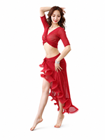 Tenues de danse exotiques, vêtements de club sexy, costume de danse du ventre, écharpe de hanche à volants à nouer sur le devant, à épaules dénudées, avec fil argenté scintillant