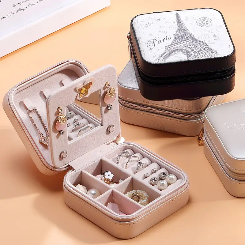 N838 PU Leather Travel Jewelry Box for lady Organizer Display Storage Case for Rings Earrings Necklace Zipper Closure