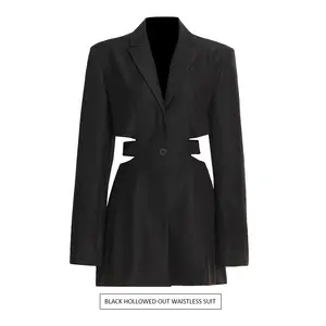 High sense open waist design medium and long open back suit autumn 2022 V-Neck long sleeve stitched one button suit
