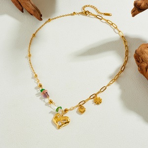 Heart-Shaped Diamond Pendant Gold Plated Stainless Steel Chain Necklace With Gemstone Beads For Daily Wear Gift - Product Image 3