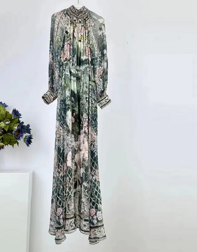 100% шелковое длинное платье 2024 весеннее женское Очаровательное платье с цветочным принтом, расшитое бисером, с длинным рукавом, длиной до пола, великолепное шелковое платье Макси