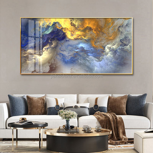 Blue Gold Cloud Canvas Modern Fantasy large crystal porcelain abstract framed art glass wall art painting for living room - Product Image 4