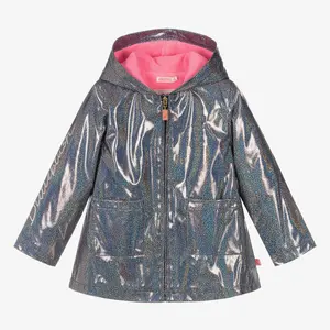 Custom Super Soft Warm Fleece Lined Raincoat Water Resistant Girls Silver Iridescent Dot Print Waterproof Rain Coat For Kids