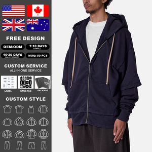 Custom Double Layers <b>Zip</b> <b>Up</b> Hoodie Men's Oversized Heavyweight Streetwear Hood <b>Jacket</b> Factory Wholesale - Product Image 2