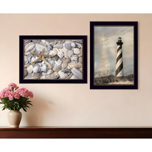 HMS Set di due Cape Hatteras faro e conchiglie di mare arte arte incorniciato nero stampa decorazione per la casa - Product Image 1