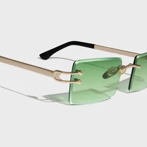Yeetian erkekler lüks marka dikdörtgen degrade yeşil elmas kesim naylon Lens özel High End çerçevesiz Metal çerçevesiz güneş gözlüğü