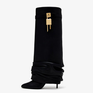 Pleated Upper Thin High Heel Pointed Toe Overlay Shoes Dress Metal Lock Pants Boots Women's Folded Over Knee High <b>Booties</b> - Product Image 1