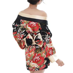 Women's Sexy Kimono Short Dress with Obi BeltJapanese Geisha Costume Bedroom Role Play Lingerie Bathrobe Nightwear