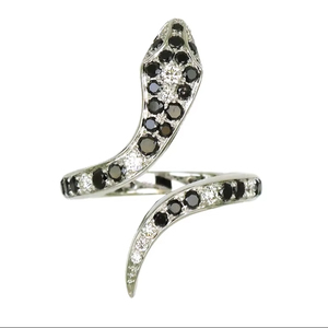 18K White Gold <b>Black</b> & White Diamond Pave Coiled Snake Open <b>Ring</b> Bold Luxury Statement Jewelry For <b>Women</b> - Product Image 1
