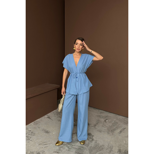 Conjunto de Blusa y Pantalones de Lino Azul con Cuello en V y Cintura Ajustable, Conjunto de Dos Piezas con Diseño de Dos Piezas - Product Image 6
