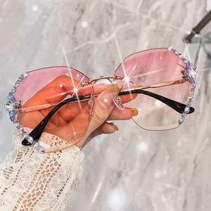 Rimless Cat Eye <b>Sunglasses</b> Women Pink Gradient Lenses With Rhinestones Fashion Accessories UV Protection - Product Image 5