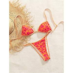 Bikini Floral Personalizado para Mujer, 2 Piezas, Top con Tirantes Finos, Tanga, Traje de Baño con Ribete en Contraste, Tela Elástica - Product Image 2