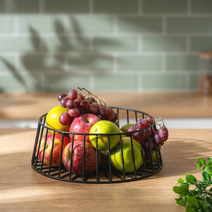 Panier à fruits rond en métal, conteneur de rangement en fer, support alimentaire minimaliste pour cuisine, durable, à un seul niveau, type sur pied - Product Image 3