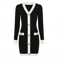 Nouvelle robe moulante mini élégante pour femme, en tricot, avec bordure contrastée, boutons dorés, manches longues, col en V, printemps-été