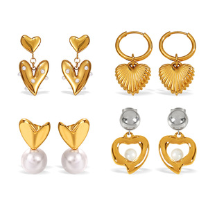 Boucles d'oreilles pendantes en forme de cœur avec fausses perles en acier inoxydable, bijoux de fête pour femmes, boucles d'oreilles tendance - Product Image 5