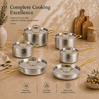 En gros Batterie de cuisine en acier inoxydable martelé avec poignées dorées, comprenant Casserole, Faitout, Poêle à frire avec couvercles, compatible induction, OEM