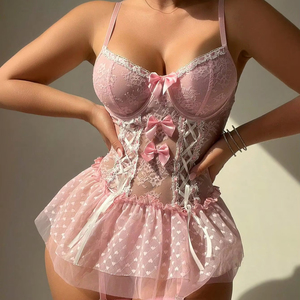 Meilleures ventes : Ensemble de lingerie sexy pour femme, body en mousseline transparente courte, respirant, à effet sculptant, avec nœud croisé - Product Image 3